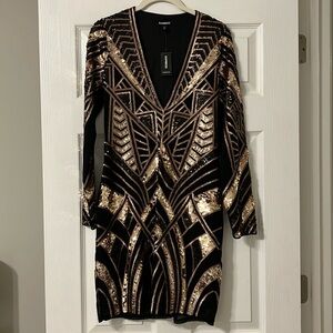 Express Black And Gold Sequin V Neck Long Sleeve Mini Dress, Women’s US Size M